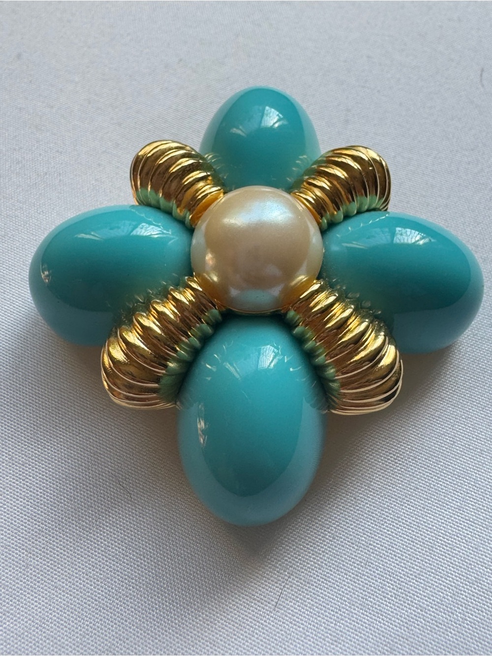 Joan Rivers Turquoise Flower Brooch with Pearl and Gold-Tone Accents